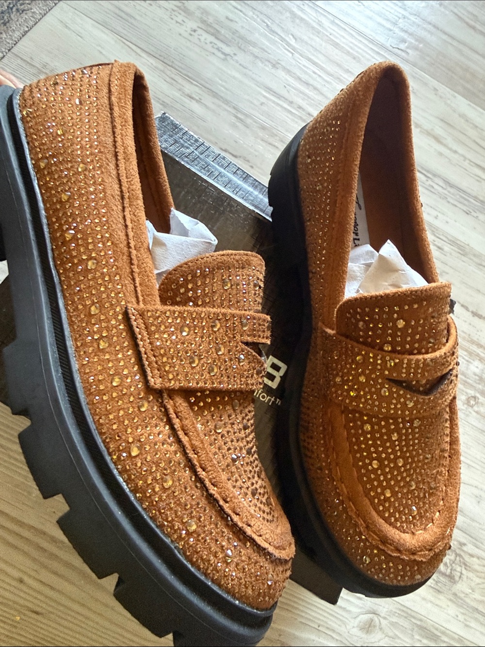 Suede Loafers with Crystal Accents in Rust